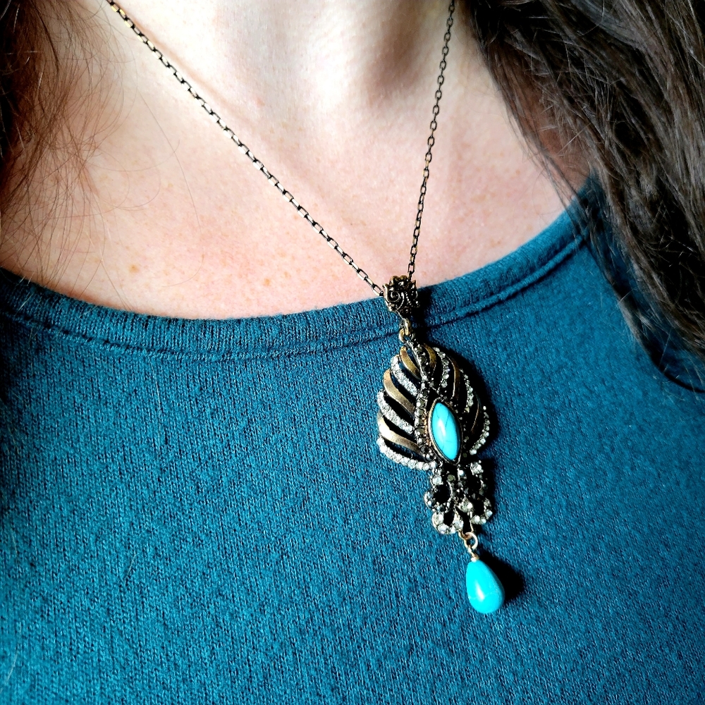 East of India Boho Turquoise Faux Bronze Pendant Crystal Gemstones Necklace - Picture 4 of 12